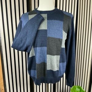 Men’s Oscar de la Renta Navy and Gray Patchwork Sweater Sz Lg